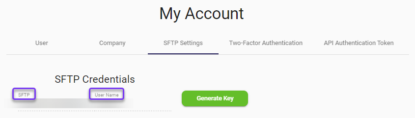 The SFTP and User Name fields highlighted on the SFTP Settings tab of the My Account page